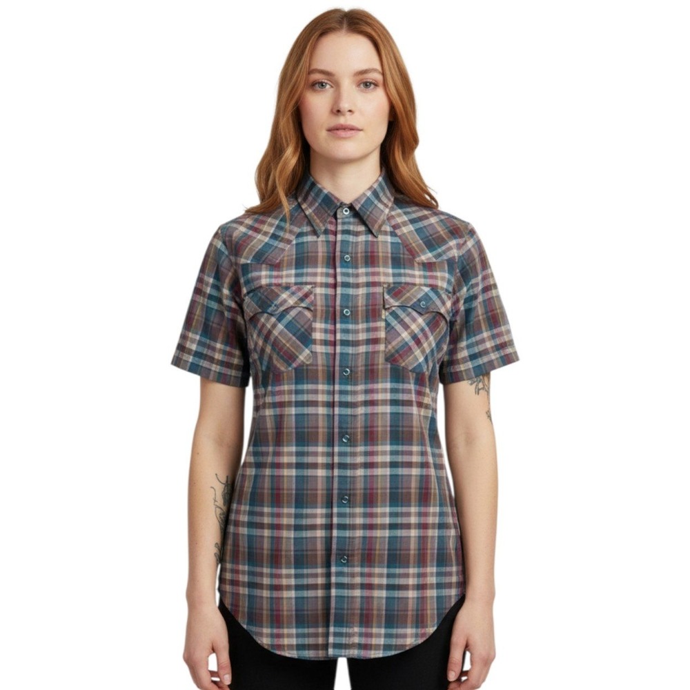 VTG LEVIS Womens Short Sleeve Plaid Western Pearl‎ Snap Shirt Medium Button Up